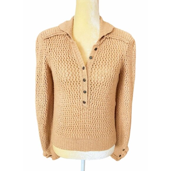 We The Free X Free People Snowdrift Sweater XS Pullover Brown Boucle 1/2 Button - Picture 4 of 11